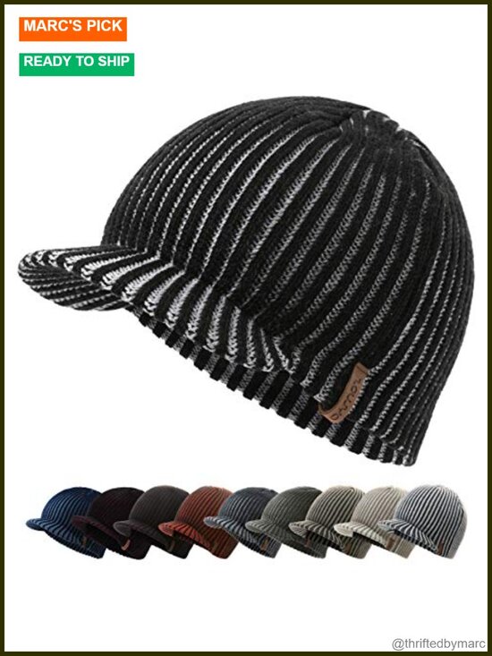 Winter Visor Beanie Hat with Brim, Knit Skull Cap, Unisex Acrylic